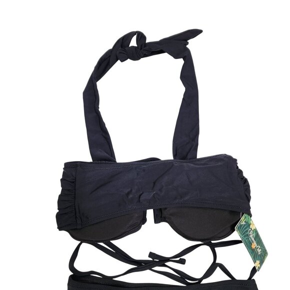 Black Two-Piece Ruched Halter Swimsuit Bikini High-Waisted Bottoms Size Small - Picture 7 of 8